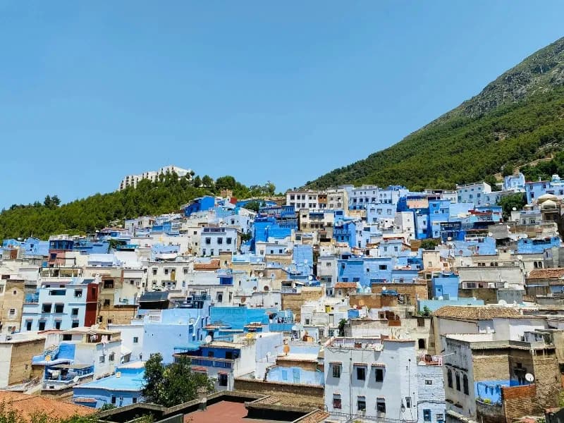 Blue houses of Chefchaouen spread below a green mountainside