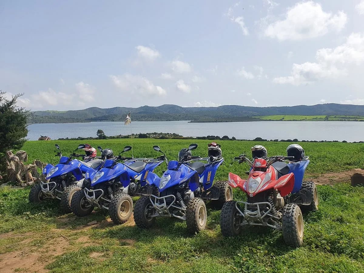 Row of quad bikes parked on grass beside a lake