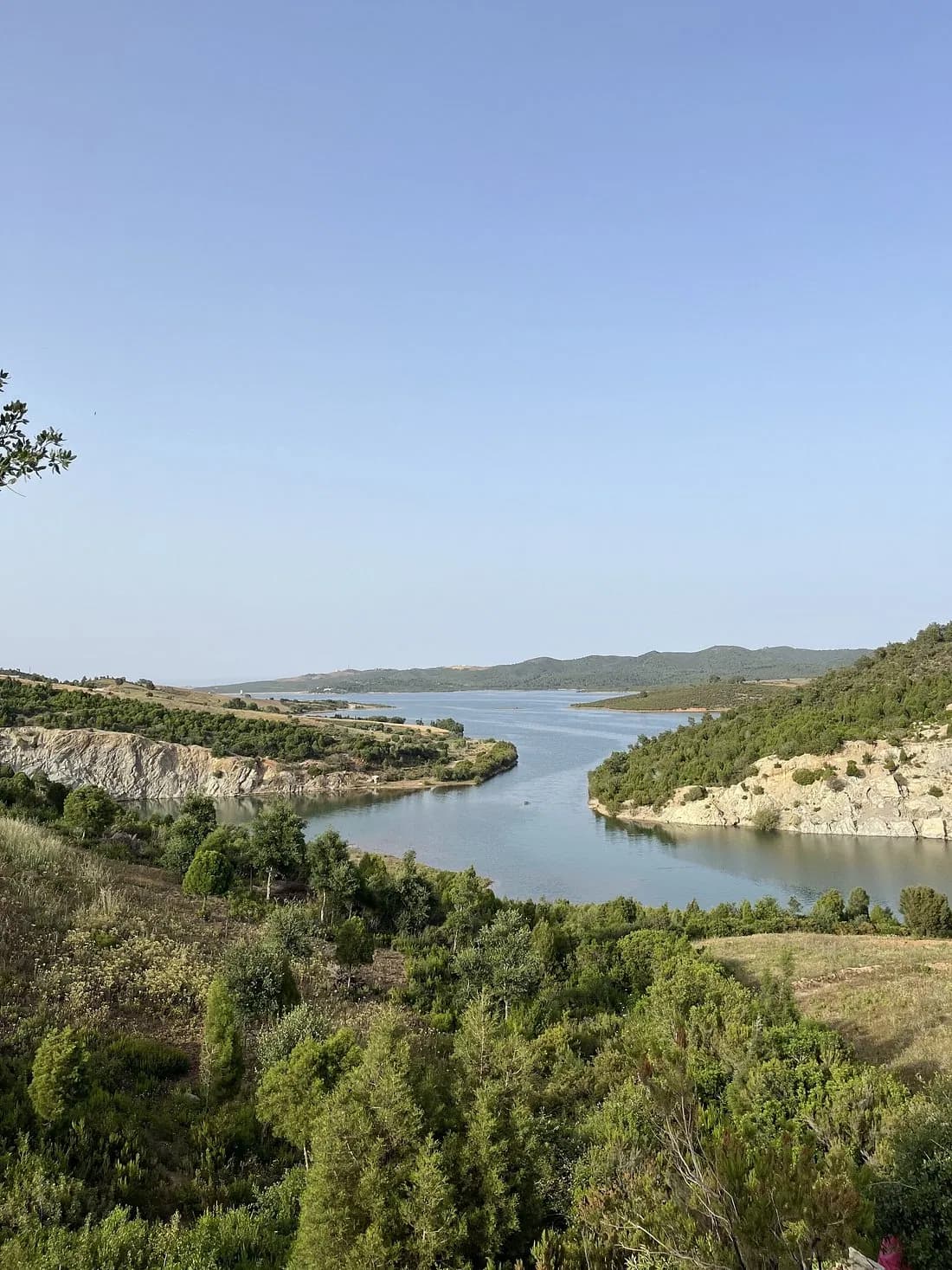 Lake winding between green, wooded hills under a clear sky